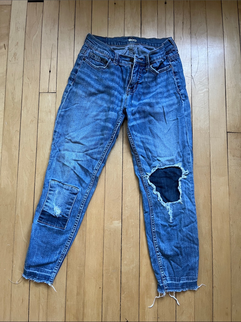 BDG Women's Blue Distressed Patchwork Boyfriend Jeans